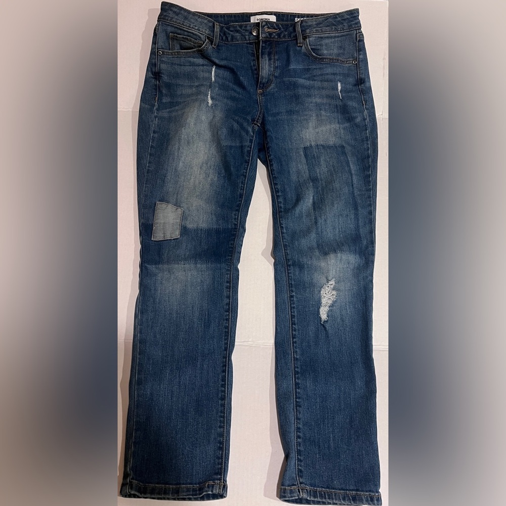 Sonoma Distressed 90’s Grunge Style Blue Patchwork Straight Leg Skinny Jeans 12